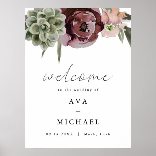 AVA Boho Burgundy Floral Succulent Weduwschap Welk Poster (Voorkant)
