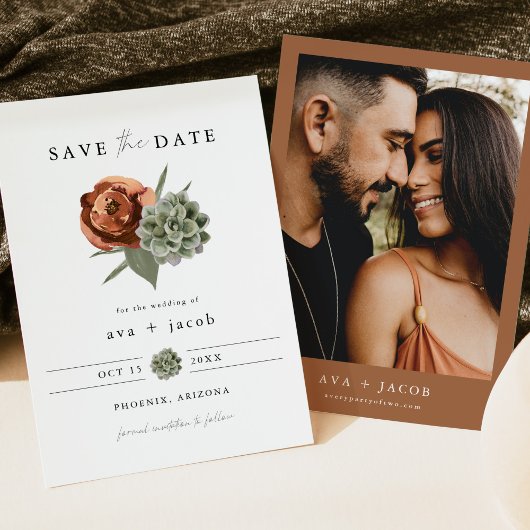 AVA Boho Terracotta Floral Succulent Save the Date Kaart