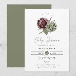 AVA Burgundy Floral Succulent Desert Baby shower Kaart