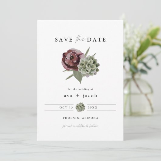 AVA Burgundy Floral Succulent Desert Save the Date Kaart (Staand voorkant)