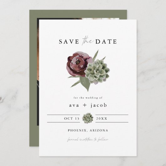 AVA Burgundy Floral Succulent Desert Save the Date Kaart (Voorkant / Achterkant)