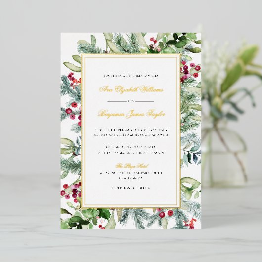Ava Gold Foil Winter Wedding Invitation met RSVP Folie Uitnodiging (Staand Voorkant)