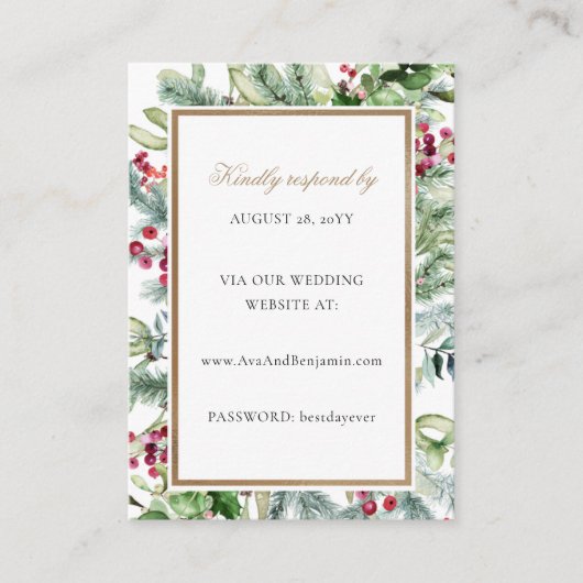 Ava Gold Kerstmis en Greenery Wedding Website RSVP Informatiekaartje (Voorkant)