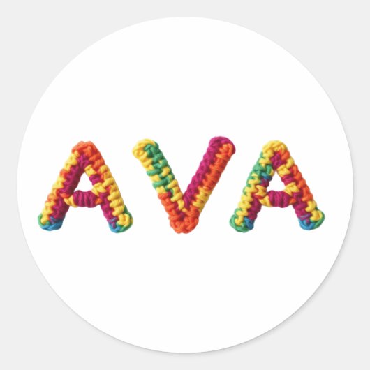 Ava Naam in Levendig Haakpatroon Ronde Sticker (Voorkant)