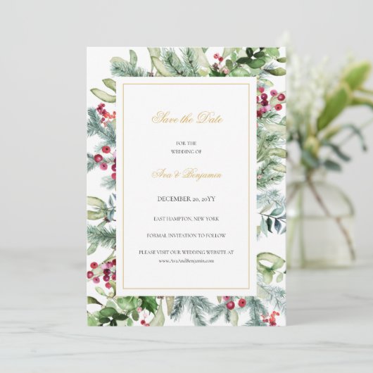 Ava Winter Greenery Berries bruiloft Save The Date (Staand voorkant)