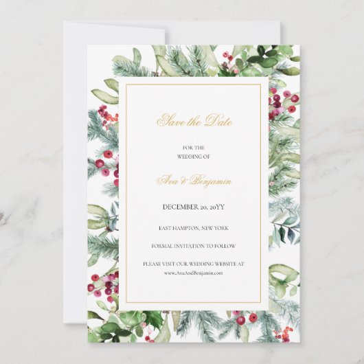 Ava Winter Greenery Berries Christelijke bruiloft Save The Date (Voorkant)