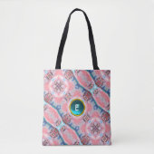 AVALON, ABSTRACT PINK AQUA BLUE GEM MONOGRAM TOTE BAG (Voorkant)