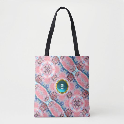AVALON, ABSTRACT PINK AQUA BLUE GEM MONOGRAM TOTE BAG (Voorkant)