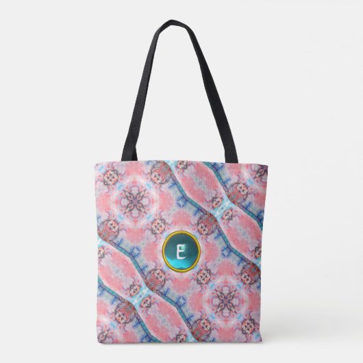 AVALON, ABSTRACT PINK AQUA BLUE GEM MONOGRAM TOTE BAG (Achterkant)