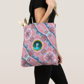AVALON, ABSTRACT PINK AQUA BLUE GEM MONOGRAM TOTE BAG (Dichtbij)