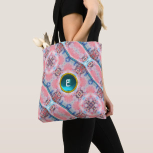 AVALON, ABSTRACT PINK AQUA BLUE GEM MONOGRAM TOTE BAG