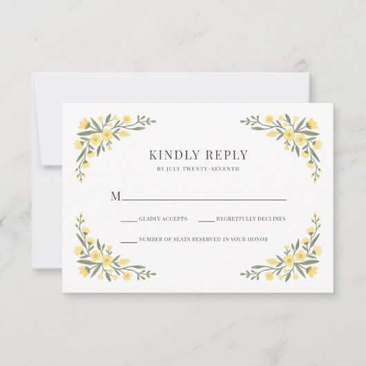 Avalon Elegant Yellow Wildflower Lijst bruiloft RSVP Kaartje (Voorkant)