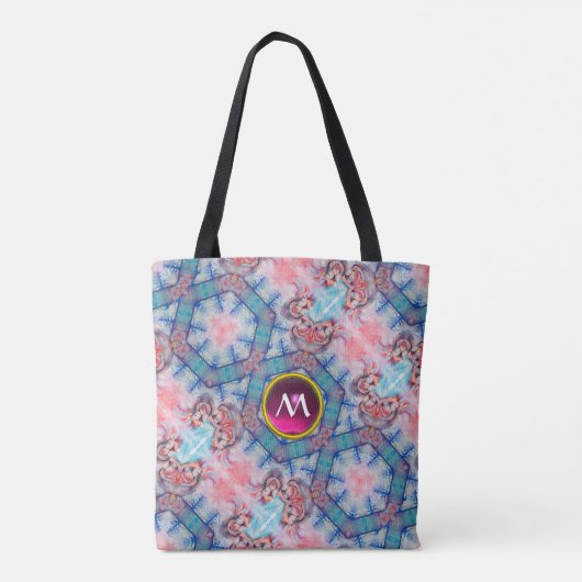 AVALON MAGIC ABSTRACT AQUA BLUE PINK GEM MONOGRAM TOTE BAG (Achterkant)