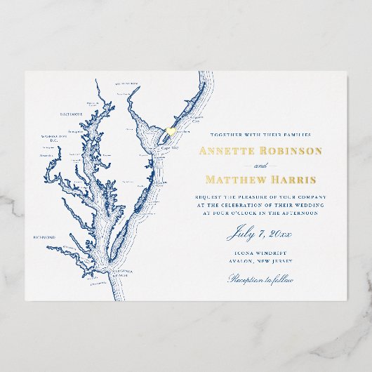 Avalon New Jersey bruiloft marine blauw en goud Folie Uitnodiging (Voorkant)