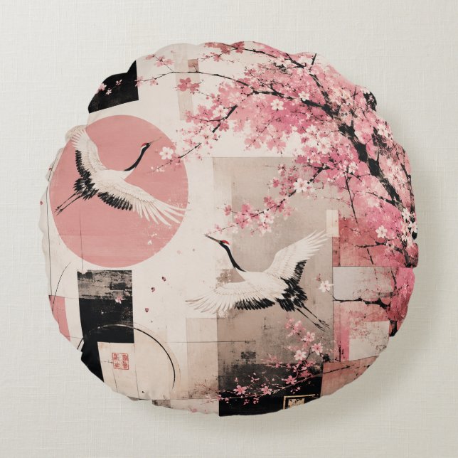 Avant-Garde Sakura & Kraanvogels Harmonie Rond Kussen (Voorkant)