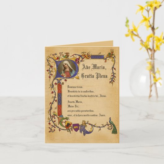 Ave Maria Hail Mary in Latijnse Decoratieve Grens Kaart (Gele Bloem)