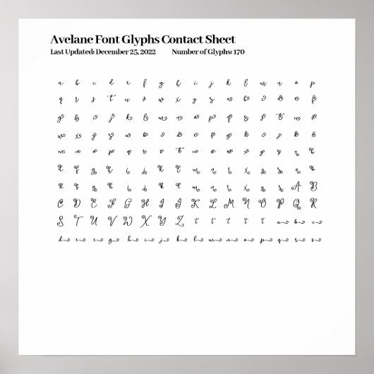 Avelane Lettertype Glyphs Contactblad Poster (Voorkant)