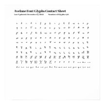 Avelane-lettertypeglyphen contactblad