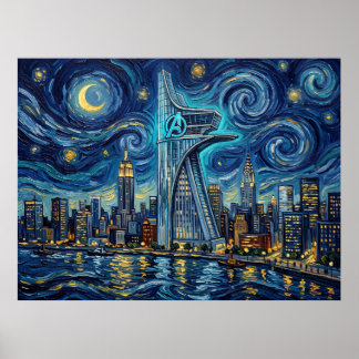 Avengers Toren Starry Night Comic Book Landschap Poster