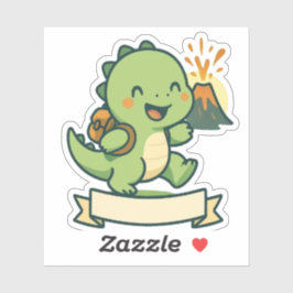 Aventuur met een knuffel dinosaurus en vulkaan – P Sticker