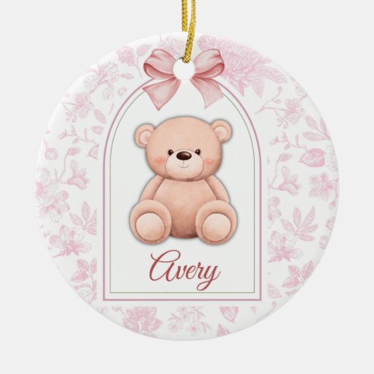 Avery | Aangepaste Roze Teddybeer Nursery Design Keramisch Ornament (Voorkant)