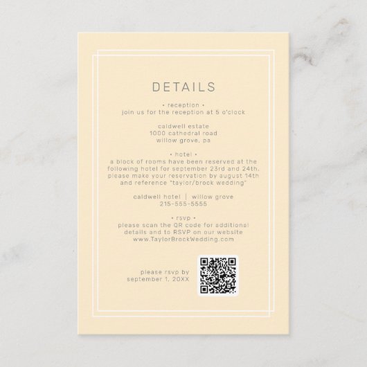 AVERY eenvoudige neutrale gele QR-code bruiloft de Informatiekaartje (Voorkant)
