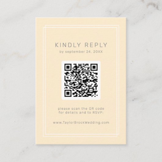 AVERY eenvoudige neutrale gele QR-code RSVP bruilo Informatiekaartje (Voorkant)