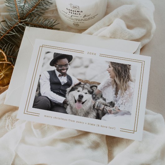 AVERY Gold White Framed Couples Photo Christmas Feestdagenkaart