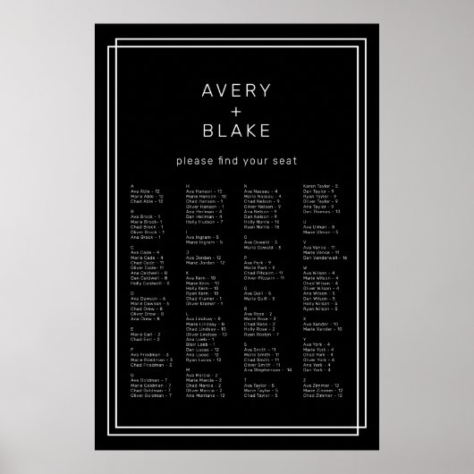 AVERY Huidige zwarte zitplaatskaart sjabloon voor Poster (Voorkant)
