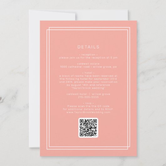 AVERY Minimal Blush Peach Coral QR Code Wedding Kaart (Achterkant)