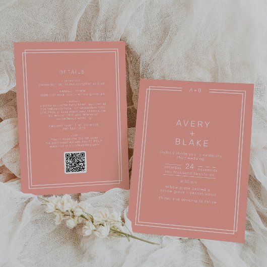 AVERY Minimal Blush Peach Coral QR Code Wedding Kaart