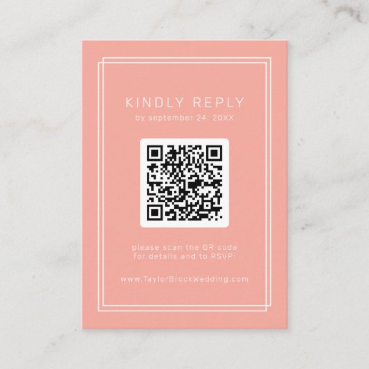AVERY Minimal Blush Peach QR Code RSVP Wedding Informatiekaartje (Voorkant)