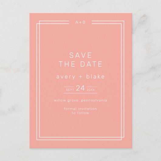 AVERY Minimal Blush Peach Wedding Sla de datum op Uitnodiging Briefkaart (Voorkant)