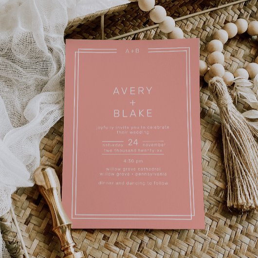 AVERY Minimal Blush Peach Zachte Coral Wedding Kaart