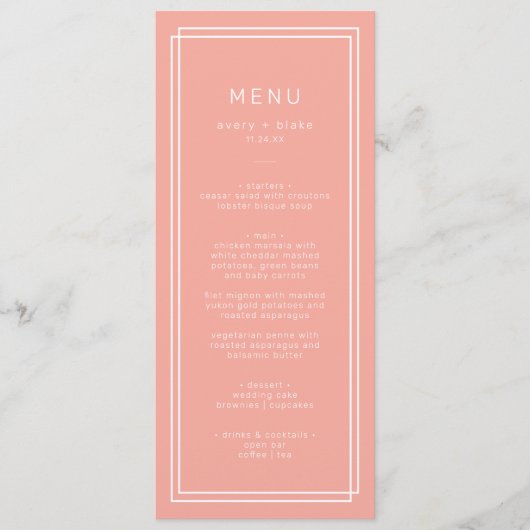 AVERY Minimal Blush Peach Zachte Coral Wedding Menu (Voorkant)
