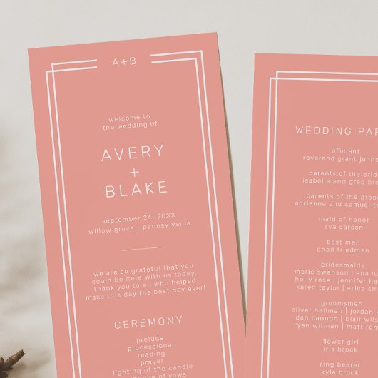 AVERY Minimal Blush Peach Zachte Coral Wedding Programmakaart