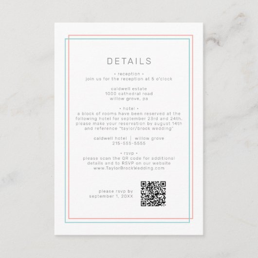AVERY Modern Coral Blauwgroen QR Code Trouwdetails Informatiekaartje (Voorkant)