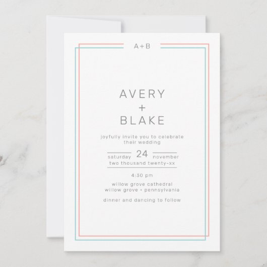AVERY Modern Coral en Blauwgroen Border Wedding Kaart (Voorkant)