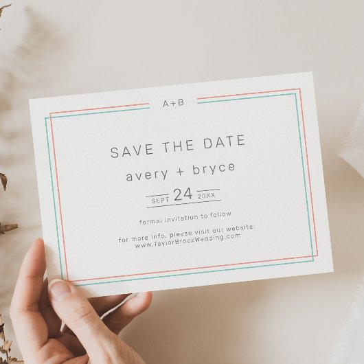AVERY Modern Coral en Blauwgroen Border Wedding Save The Date