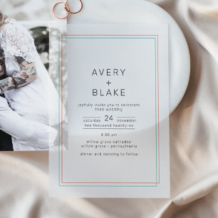 AVERY Modern Coral en Blauwgroen Border Wedding Vellum Uitnodigingen