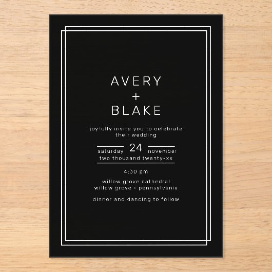 AVERY moderne zwarte acryl bruiloft uitnodiging (Voorkant)