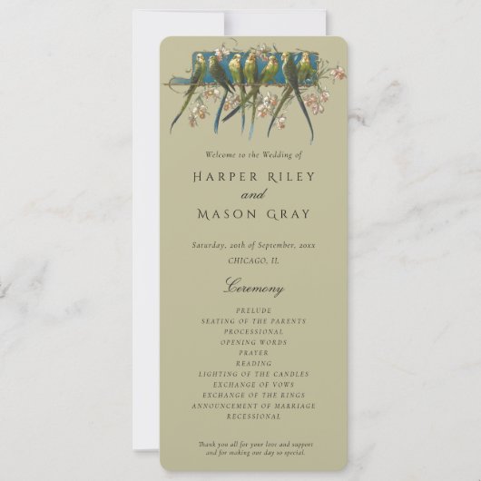 Aviary Wedding Ceremony Program Kaart (Voorkant)