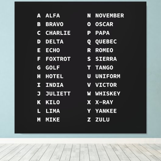 Aviation Phonetic Alphabet Code - Zwart & Wit Canvas Afdruk (Insitu (Houten vloer))