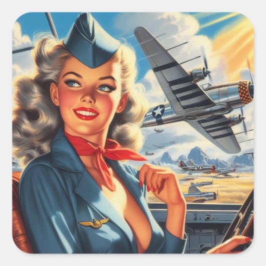  Aviation Pin Up Vierkante Sticker (Voorkant)