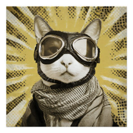 Aviator Cat Goggles Sunburst Portrait Perfect Poster