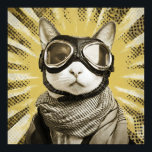 Aviator Cat Goggles Sunburst Portrait Poster<br><div class="desc">A fearless feline aviator gazes straight ahead through oversized leather goggles with shining chrome rims. A cozy plaid scarf wraps the neck while dramatic golden sunburst rays explode behind, studded with dark speckles like an old propeller-plane poster. Warm sepia fur tones contrast the bold retro halo, blending vintage adventure, quiet...</div>
