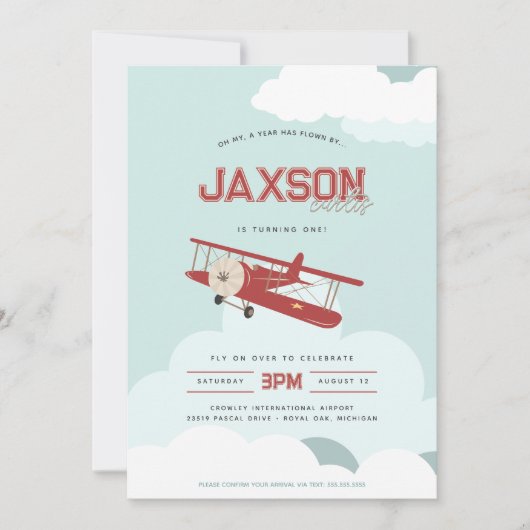 Aviator Eerste Verjaardag Retro Vliegtuig Uitnodig Kaart (Voorkant)
