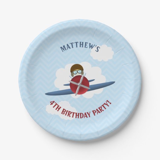 Aviator en zijn vliegtuig papieren bordje (Voorkant)