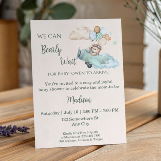Aviator Teddy Bear Jongens Baby Shower Uitnodiging