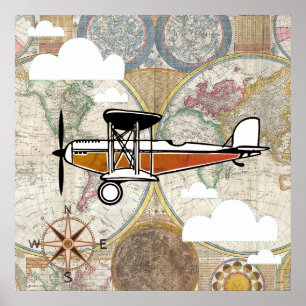 Aviator Vintage Vliegtuig Wereld Avontuur Poster